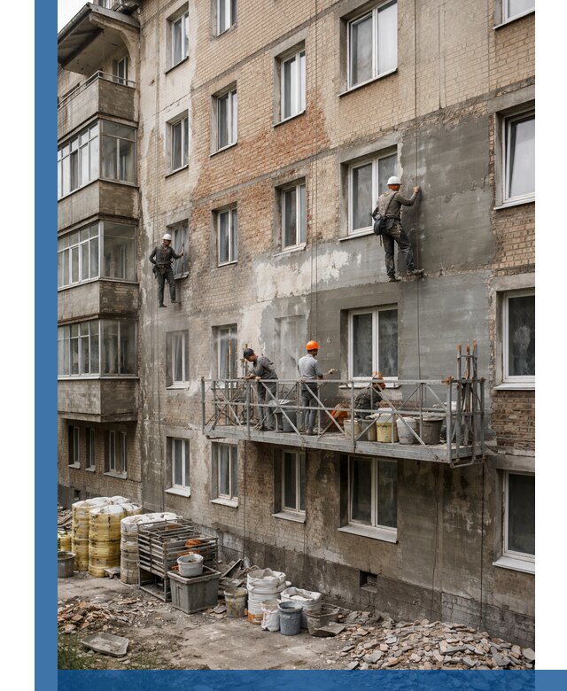 Капитальный ремонт фасада в Егорьевске с восстановлением и гидроизоляцией