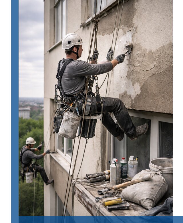 Косметический ремонт фасада зданий в Егорьевске промышленными альпинистами