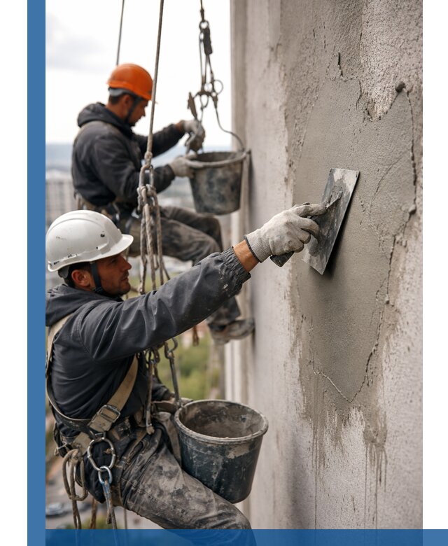 Штукатурка фасада на высоте в Егорьевске профессиональные работы