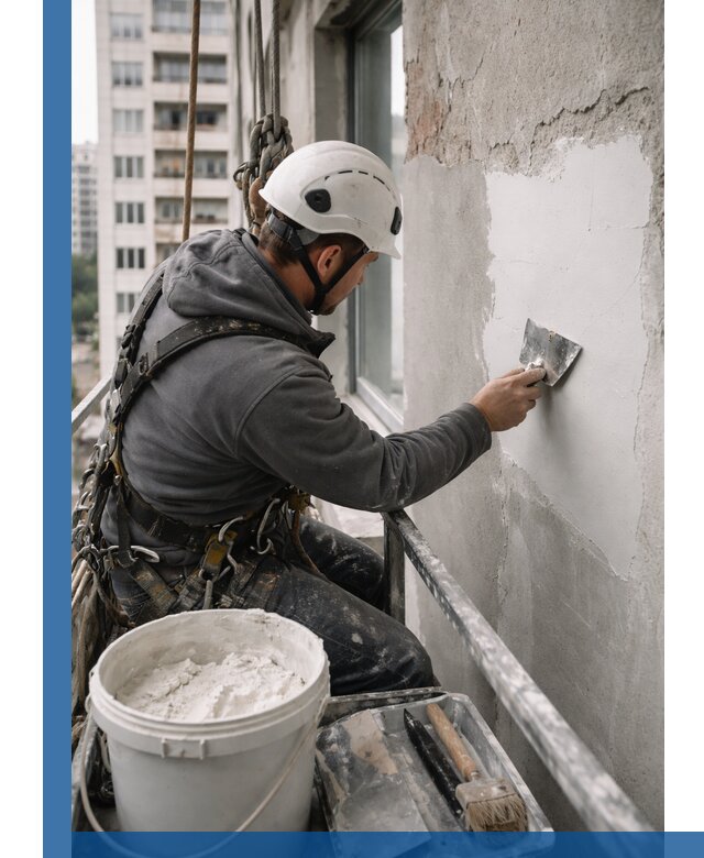 Шпаклевка фасадов на высоте с промальпинистами в Егорьевске