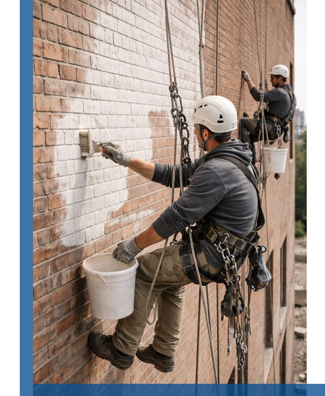 Покраска кирпичного фасада с доступным альпинистским сервисом в Егорьевске