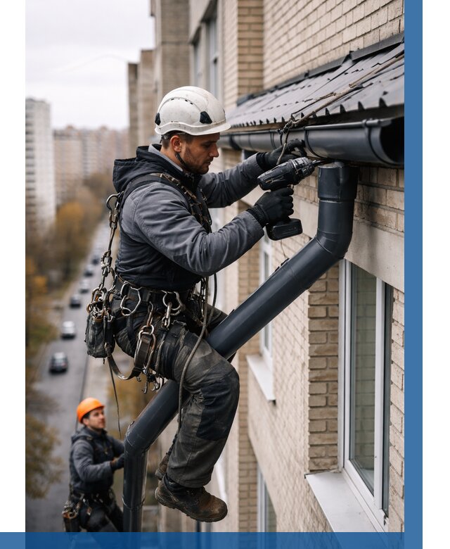 Монтаж водосточной системы на здании в Егорьевске от 5063 р. | ВЫСОТНИК-Грь