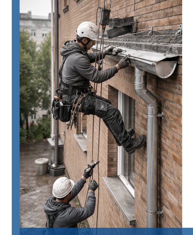 Монтаж водосточной системы на здании в Егорьевске под ключ