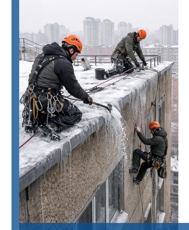 Удаление наледи с кровли в Егорьевске промышленными альпинистами