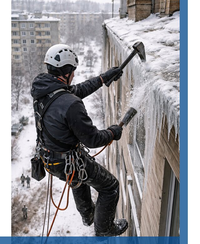 Сбивание сосулек с крыши в Егорьевске по цене от 4557 р. | ВЫСОТНИК-Грь