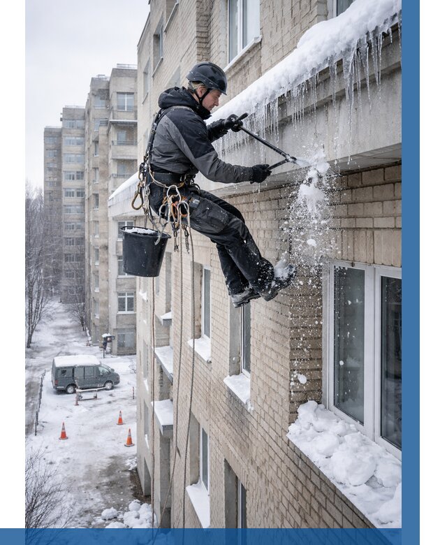 Удаление наледи с карнизов в Егорьевске от 354 р. | ВЫСОТНИК-Грь