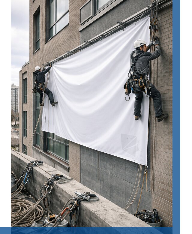 Монтаж баннеров на фасаде в Егорьевске от 658 р. заказать ВЫСОТНИК-Грь