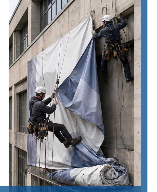 Демонтаж баннеров с фасада в Егорьевске от 4557 р. | ВЫСОТНИК-Грь