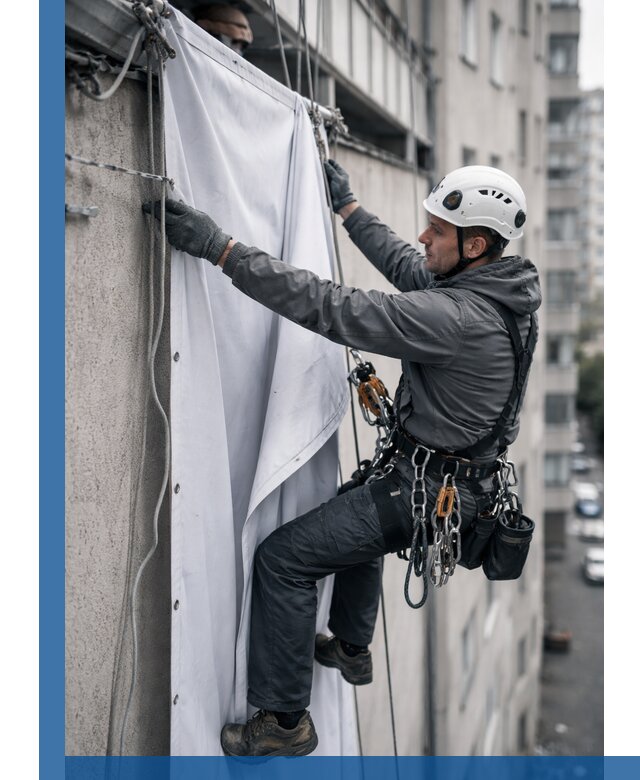 Замена баннерного полотна промышленными альпинистами в Егорьевске