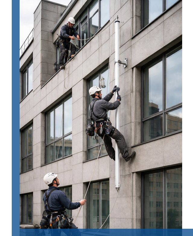 Монтаж флагштока на фасаде здания с креплением и герметикой в Егорьевске