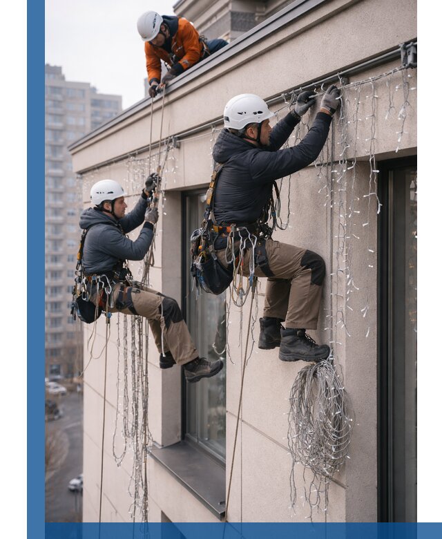 Монтаж праздничных гирлянд на фасаде в Егорьевске для зданий