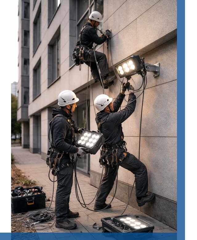 Монтаж прожекторов на фасаде в Егорьевске от 7595 р. | ВЫСОТНИК-Грь