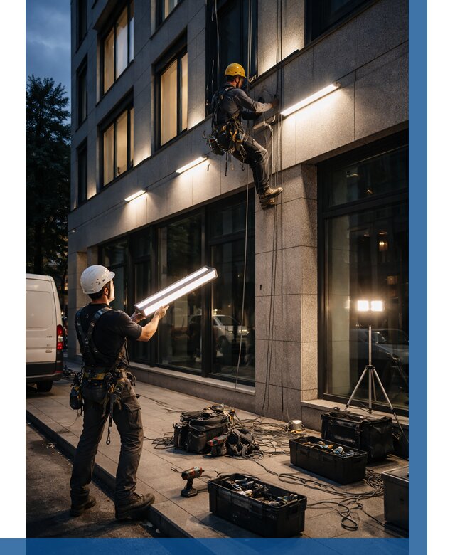 Монтаж архитектурной подсветки здания в Егорьевске от 2532 р.|ВЫСОТНИК-Грь