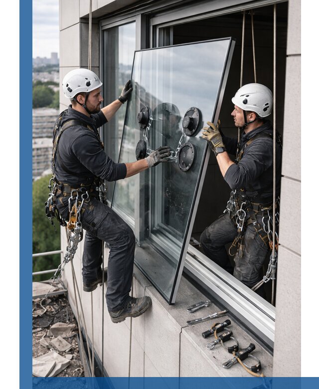 Замена стеклопакетов на высоте с промышленными альпинистами в Егорьевске
