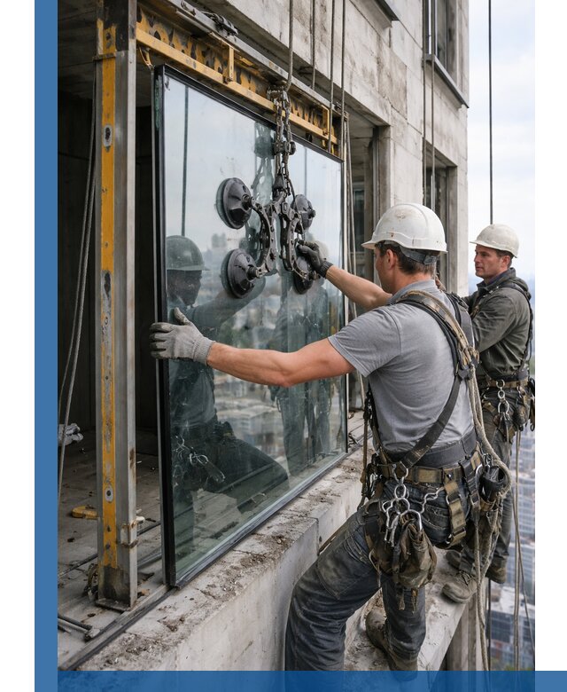 Монтаж стеклопакетов на высоте в Егорьевске с промышленным альпинизмом