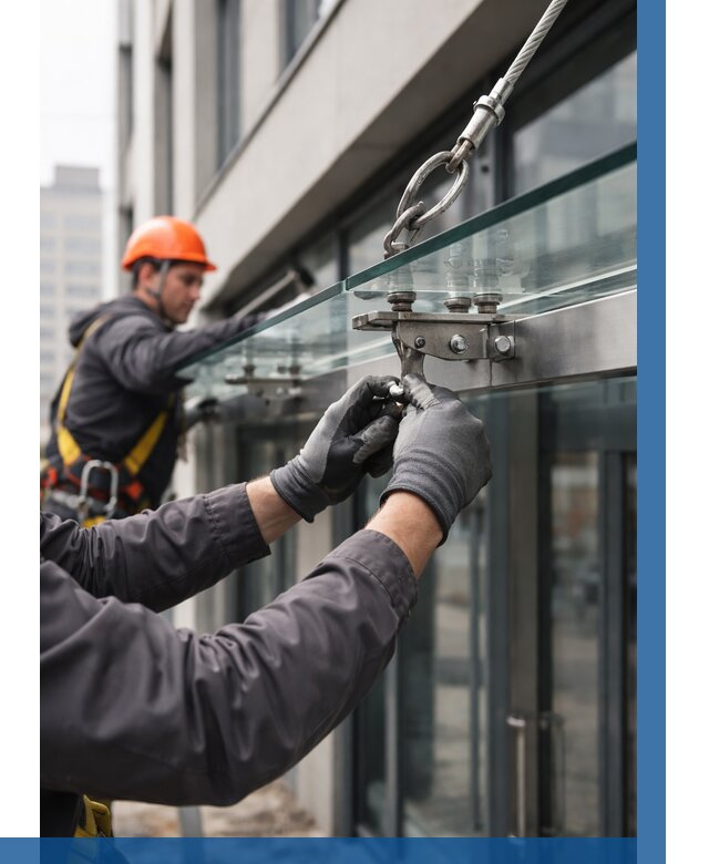 Монтаж стеклянных козырьков в Егорьевске от 8607 р. | ВЫСОТНИК-Грь