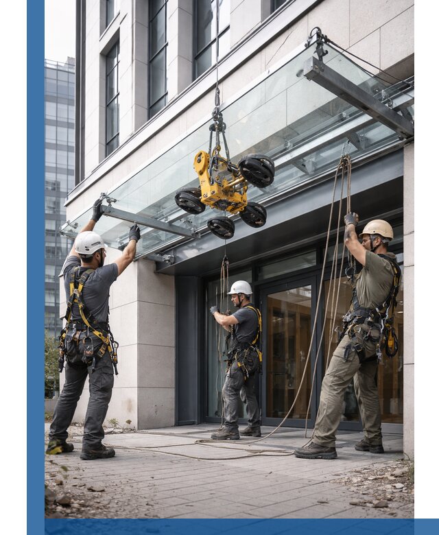 Монтаж стеклянных козырьков под ключ в Егорьевске для зданий