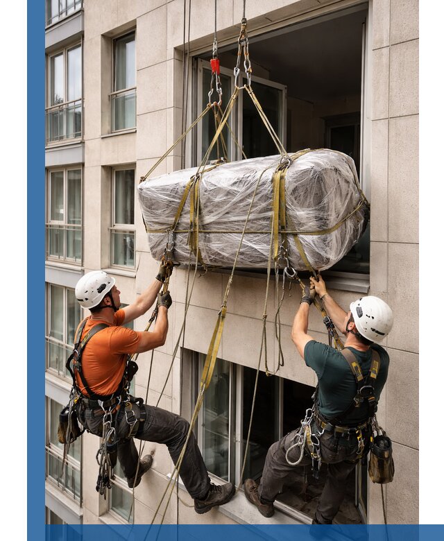 Подъем грузов через окно в Егорьевске промышленными альпинистами