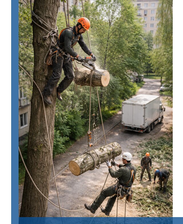 Спил деревьев альпинистами в Егорьевске, безопасно и без повреждений