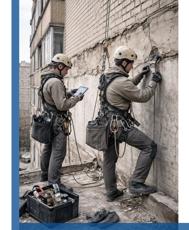 Обследование фасада промышленными альпинистами в Егорьевске